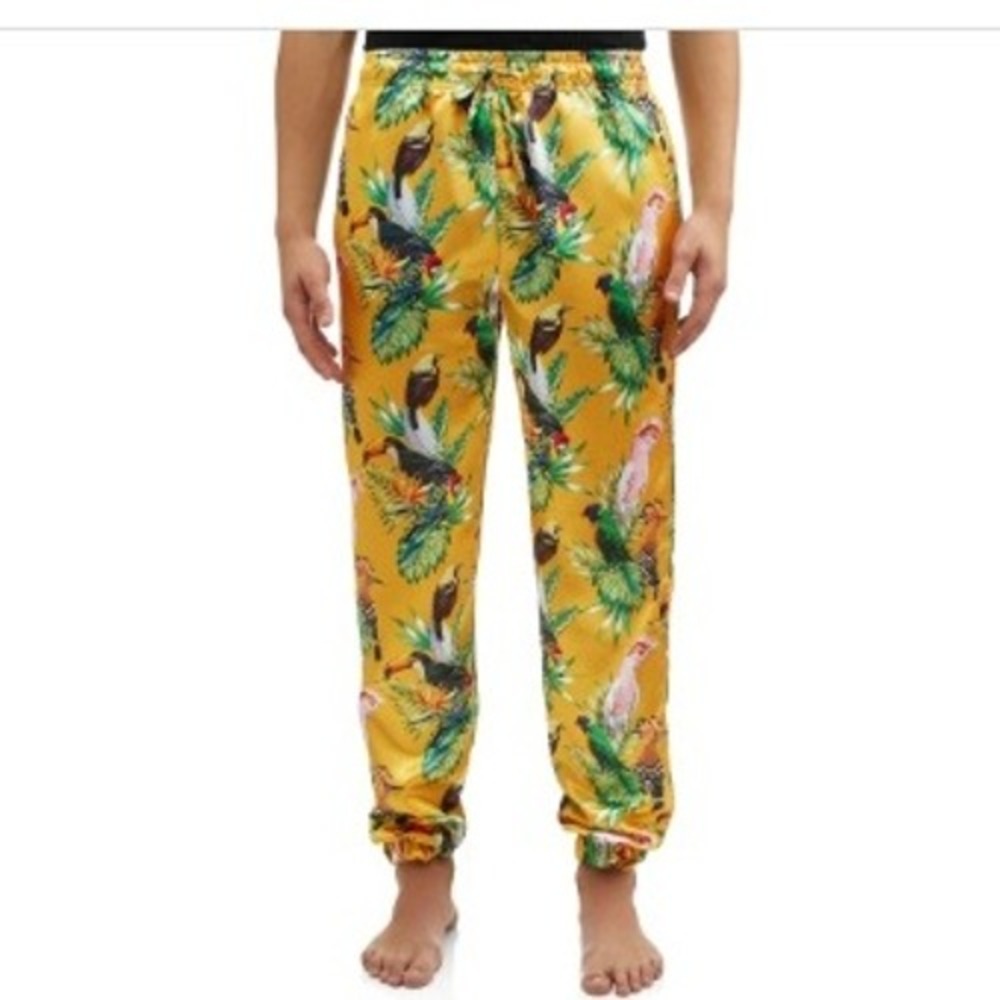 Mad Engine Mens Tropical Birds of Paradise Gold Satin Lounge Sleep Pants NWT 2XL